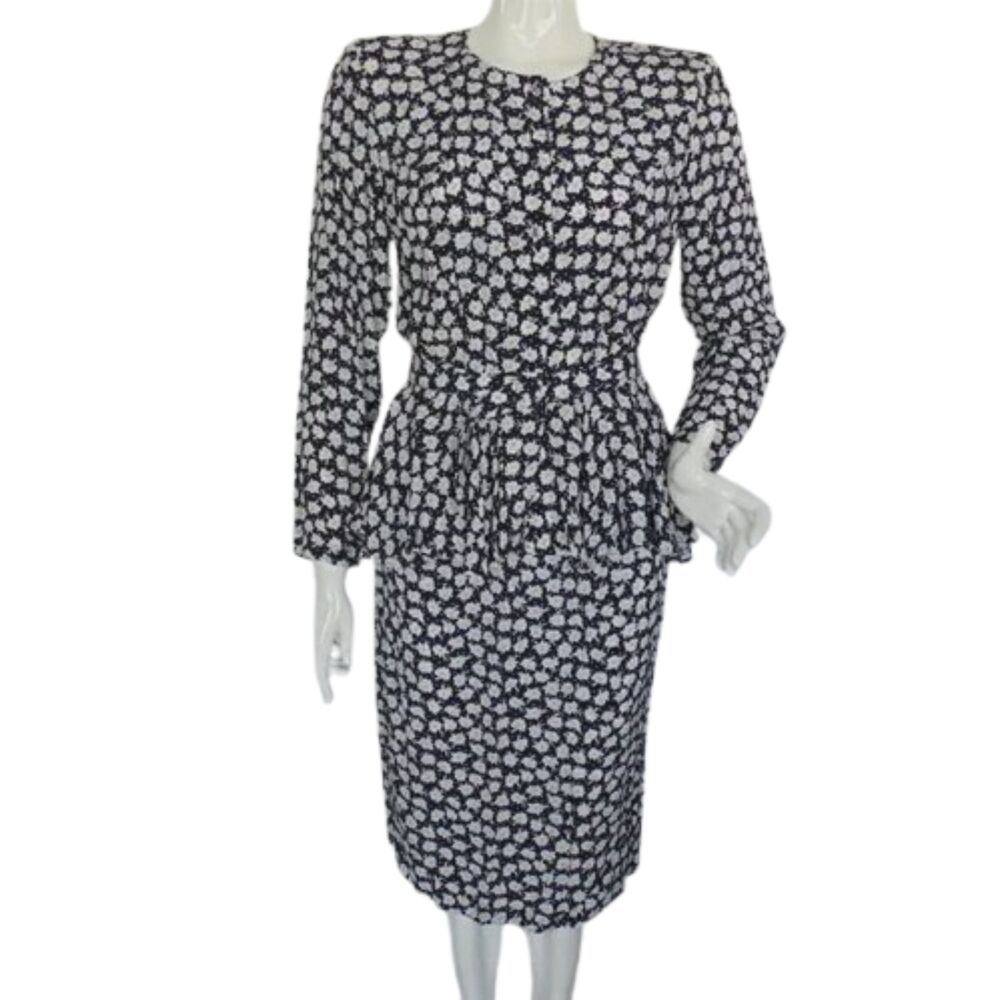 Vintage Skirt Set, XS, 3 piece, Top/Skirt/Belt, Blue Floral Rayon, Peplum, LS
